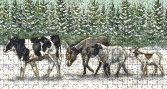 Puzzle Cow Sheep Donkey Goat Winter Friends 1000 Piece Jigsaw Farm Friends Gift - Picture 3 of 5